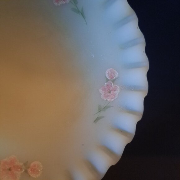 Fenton Scalloped Edge Custard Glass Pedestal Hand Painted Pink Roses Compote - Picture 13 of 16